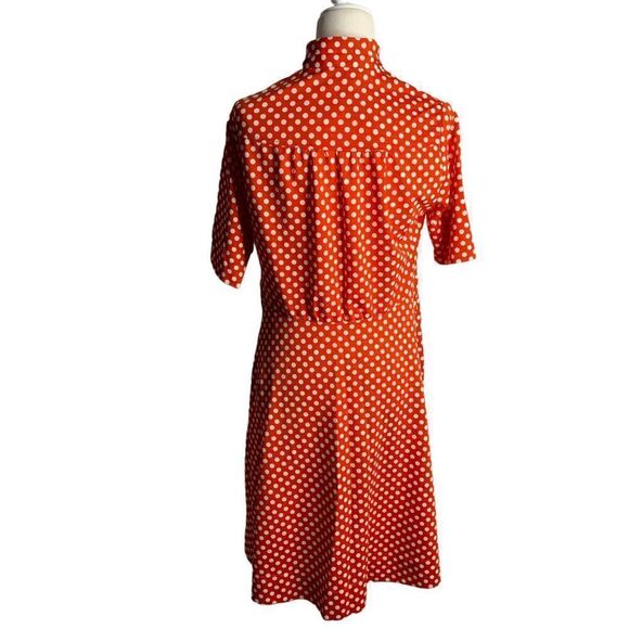 Vintage 70s Pleated Knit Shirt Dress M Red Polka Dots Point Collar Polyester - Picture 5 of 7